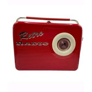 Red Retro Radio Tin Lunch Box Silver Crane Company Metal Vintage